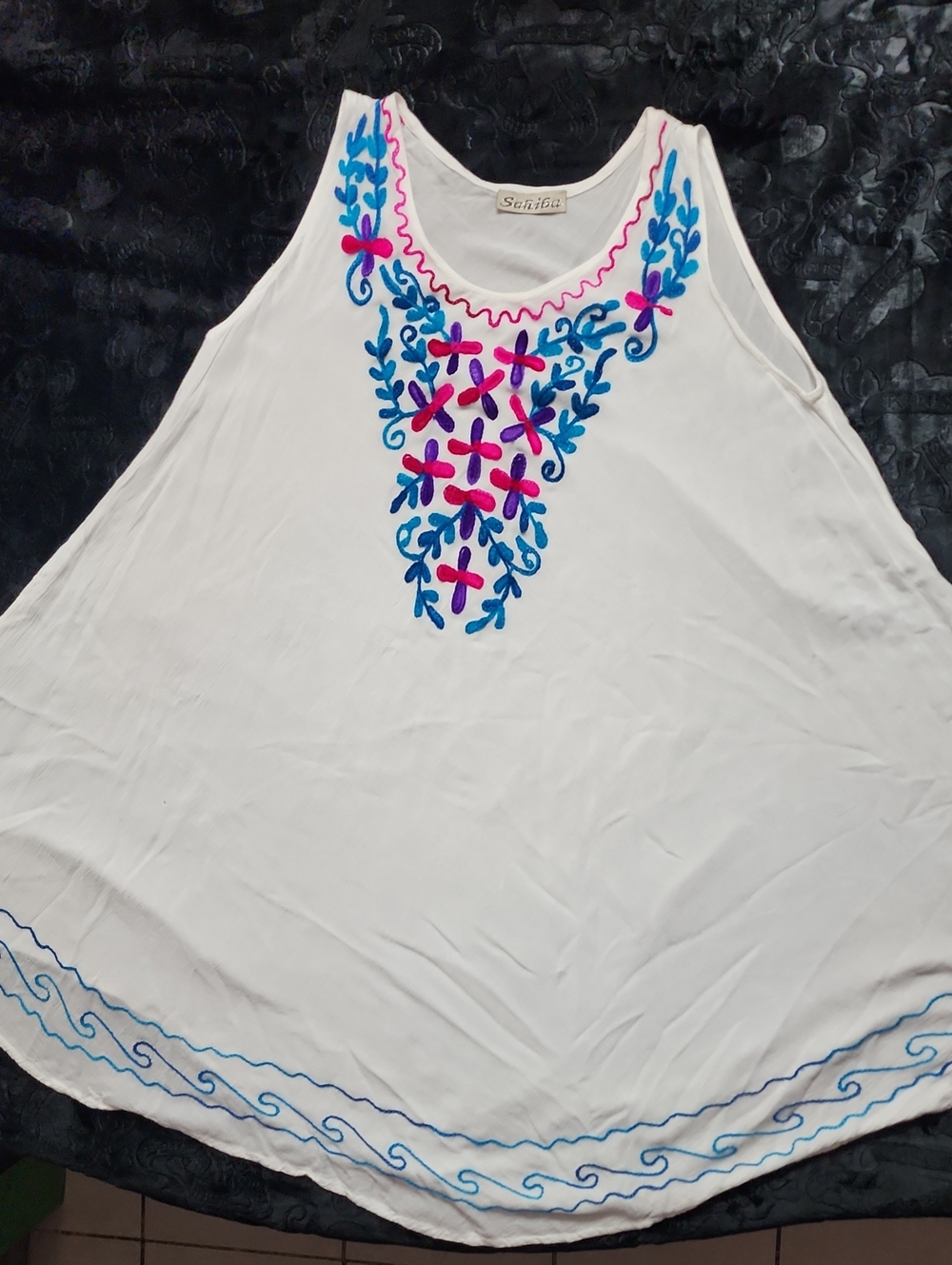 White Embroidered Swim Coverup with Blue & Pink Detail